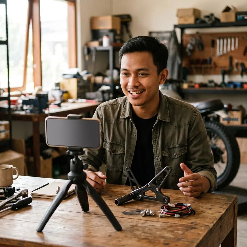 Affiliate merekam konten review sparepart motor